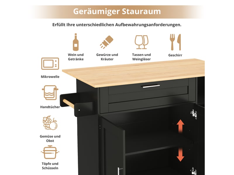 Îlot de cuisine mobile 132,5 × 44–70 × 90cm, plateau rabattable aspect chêne, rangement à épices, porte-serviettes - Conforama D