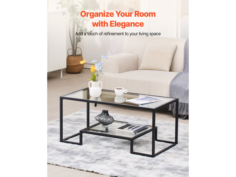  Vevor table basse rectangulaire en verre trempé 2 niveaux 100x51 cm, structure en acier au carbone noir, étagère ouverte, pieds réglables ZH629 - Conforama B