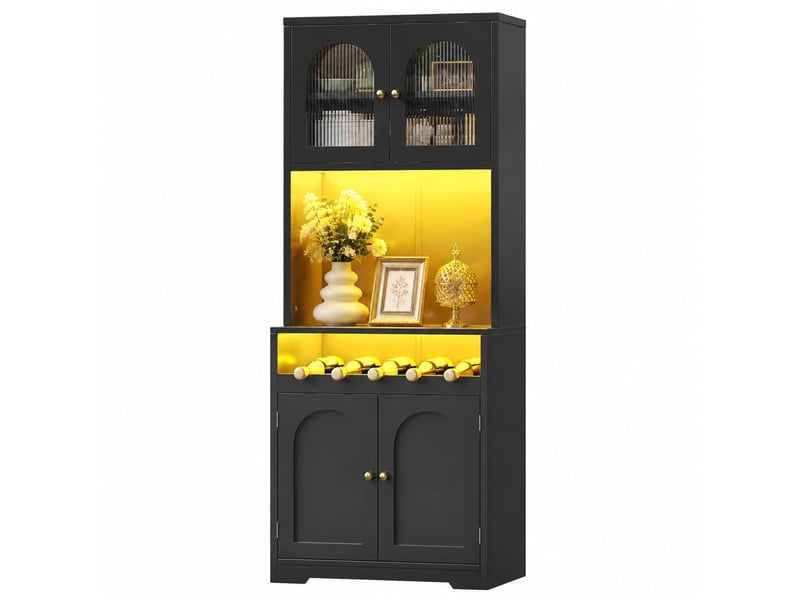 Buffet de cuisine led avec 4 portes dont 2 vitrées, porte-bouteilles et étagères réglables, noir, 70 × 38,3 × 180 cm - Conforama A