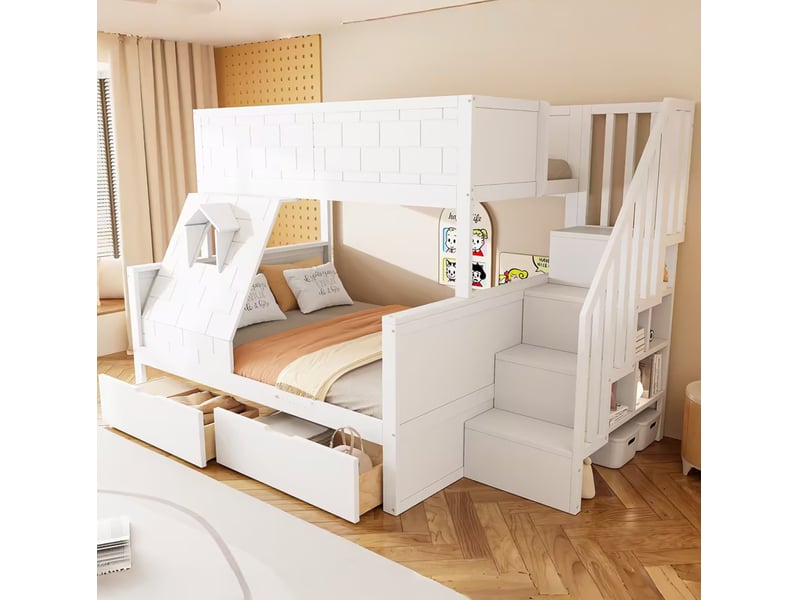  Modenvie lit superposé enfant 90x200140x200 cm - escalier avec rangement, 2 tiroirs - blanc  - Conforama B