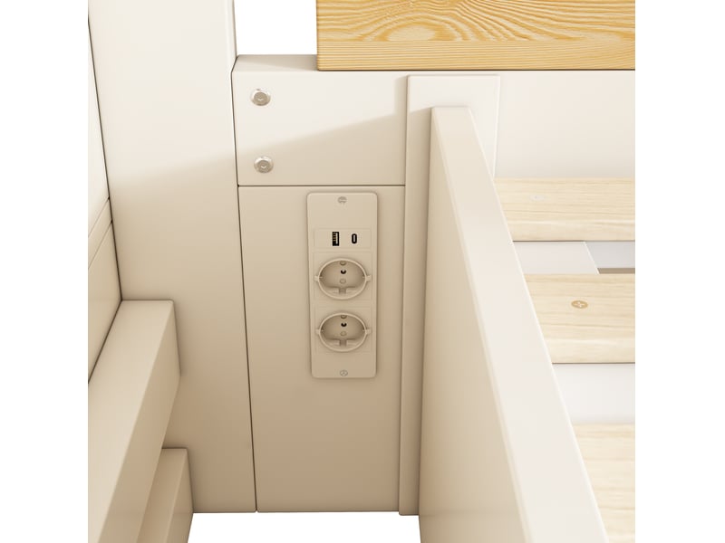  Lit superposé décalé 90x200140x200 rangement hydraulique, escalier, usb-c mdf, blanc naturel sans matelas  - Conforama E