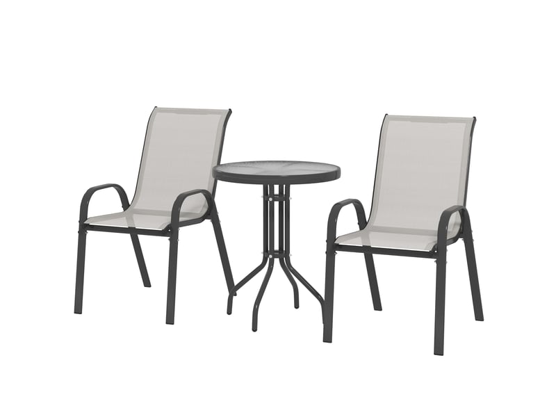3 pièces salon de jardin extérieur ensemble de meubles 2 fauteuils empilables table basse dessus verre trempé gris clair - Conforama B
