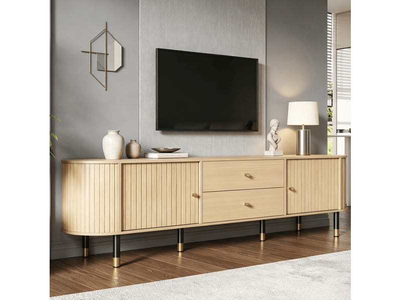  Meuble tv avec 2 tiroirs, 2 portes coulissantes et passe-câbles, pour salon, finition bois naturel, 180 × 40 × 58 cm  - Conforama C