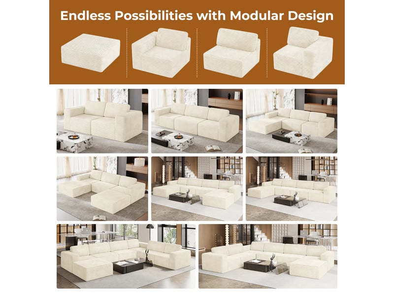  Canapé d'angle 4 places modulaire en velours côtelé avec 1 pouf,canapé compressé,sans assemblage,404x202x82cm,beige 404x202x82CM - Conforama R