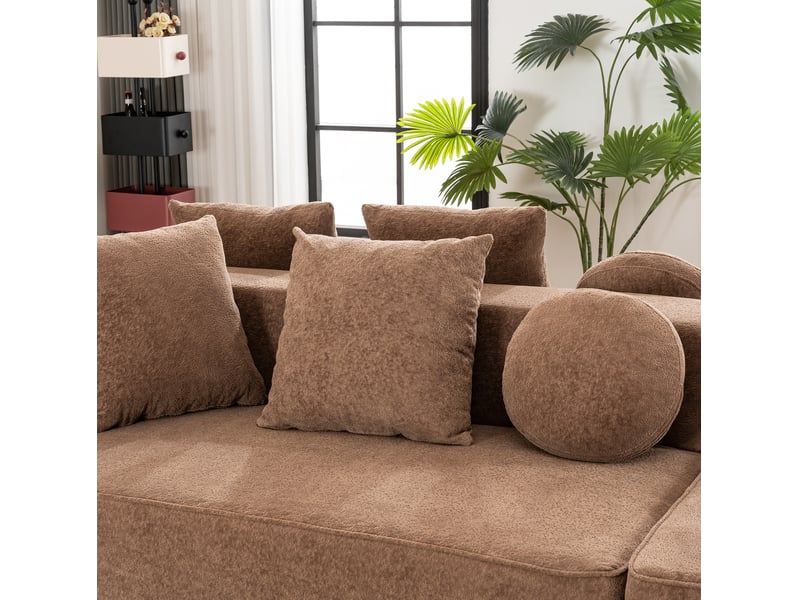  Canapé droit modulable convertible 5 places en tissu marron 263 cm, confort doux pour salon moderne  - Conforama D