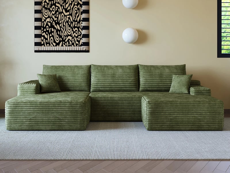Canapé d'angle modulaire ,4 places, avec méridienne en l, assise profonde ,340 × 175 ×83cm, vert - Conforama B