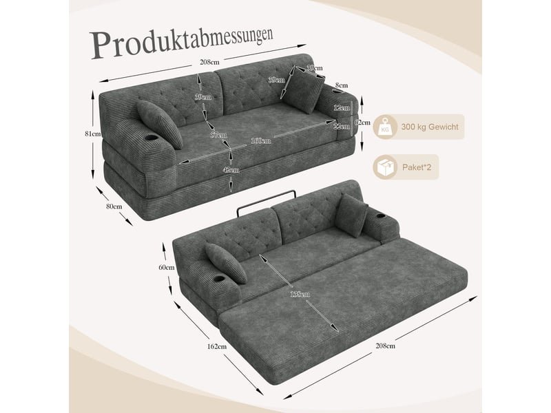  3-sitzer schlafsofa, komprimiertes cord sofa mit hoher rückenlehne, metallrahmen, hochdichtem schaumstoff, 2 getränkehaltern und 4 seitentaschen, geei HFSN-1278DG - Conforama C