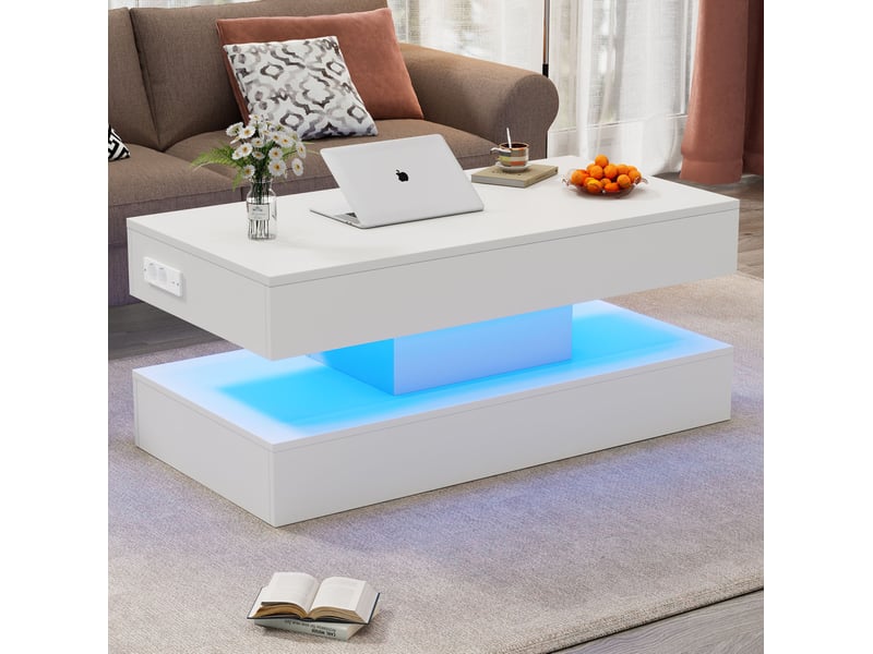  Table basse 100x50x42 cm plateau relevable led panneau de particules blanche  - Conforama E
