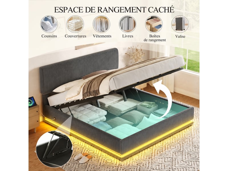  Lit en velours côtelé gris foncé avec coffre, led, usb-c et tête réglable, couchage 160 x 200 cm  - Conforama E