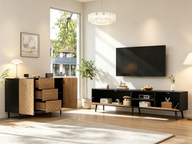  Ensemble meuble tv et buffet, 180×33,5×45 cm + 120×40×76 cm, en panneaux de particules imitation bois, couleur naturel  - Conforama B