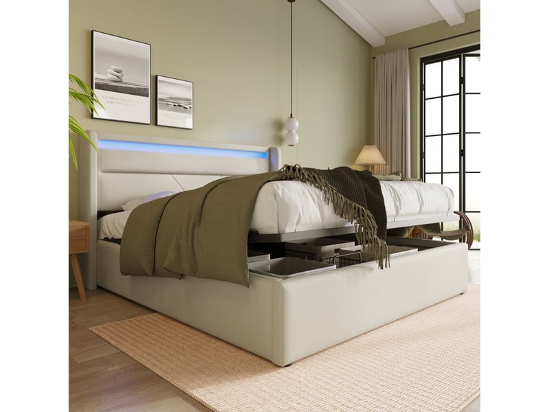 Lit double rembourré 160x200 cm avec led, structure de lit avec matelas, lit 2 personnes, blanc - Conforama D