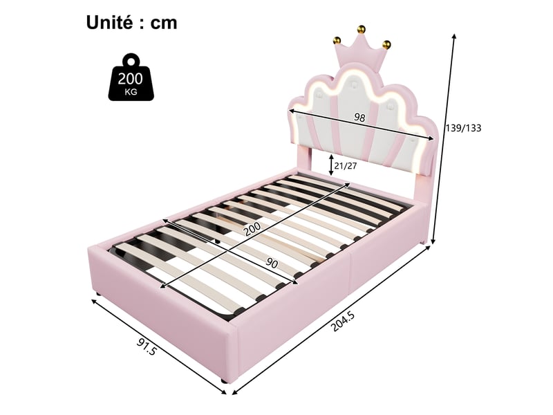  Lit coffre 90 x 200 cm - lit déco avec tête réglable, mécanisme hydraulique et led, lit simple avec coffre de rangement - pu et mdf - sans matelas - rose  - Conforama C