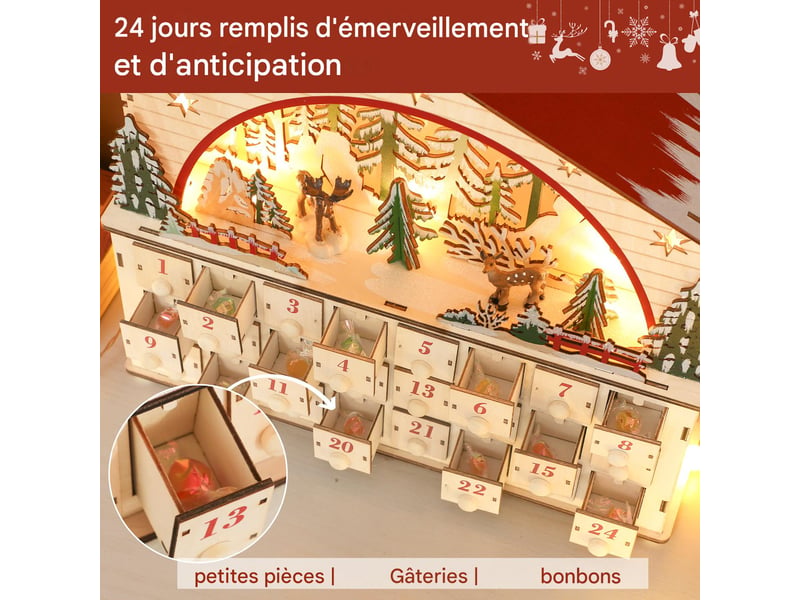  Calendrier de l'avent en bois à remplir avec 24 tiroirs et led 36 x 10 x 34 cm  - Conforama E