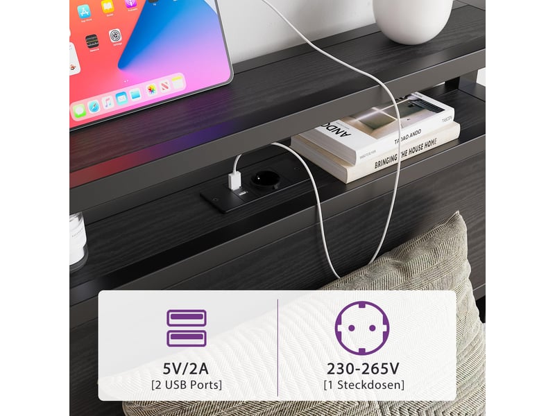  Lit coffre, lit enfant 90x200 cm, tête de lit avec rangement, led, métal et bois noir, usb  - Conforama W