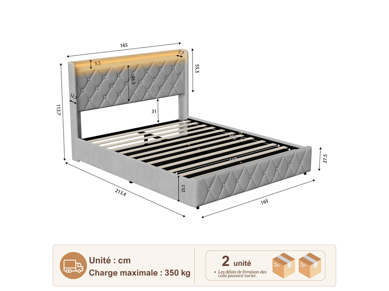 Lit coffre 160x200 cm, lit double rembourré en velours - cadre de lit avec rangement - ports usb et type-c - bandeau led multicolores, lit 2 places capitonné, velours gris - Conforama C
