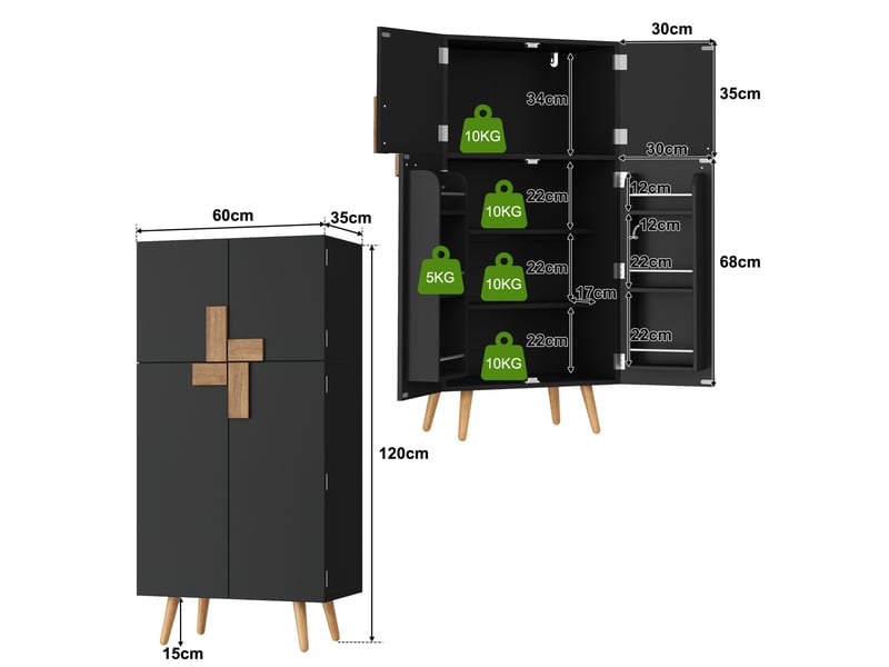  Colonne de cuisine noire avec 4 portes, étagères réglables et rangements sur portes, pour cuisine, 60 × 35 × 120 cm  - Conforama D
