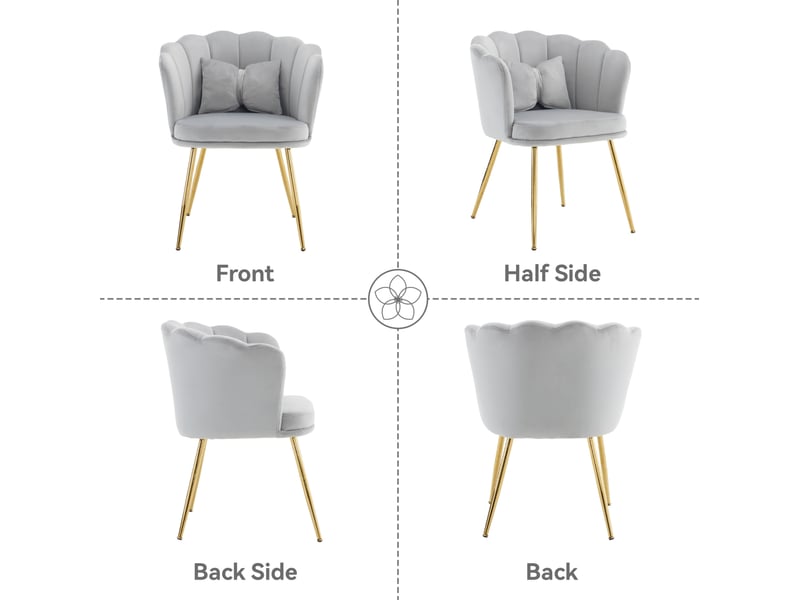 Chaise de salle à manger lot de 6, dossier pétale capitonné, coussins de soutien, pieds métal doré, velours gris - Conforama B
