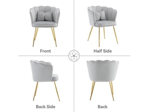 Chaise de salle à manger lot de 6, dossier pétale capitonné, coussins de soutien, pieds métal doré, velours gris