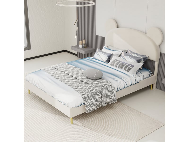  Lit enfant 140x200 cm avec tête cartoon, tissu et métal, beige, sans matelas  - Conforama E