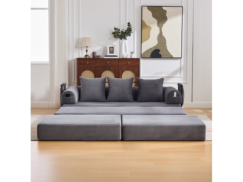  Canapé modulable modenvie 3 places avec pouf et coussins 200 x 190 x 67 cm velours côtelé gris foncé  - Conforama D