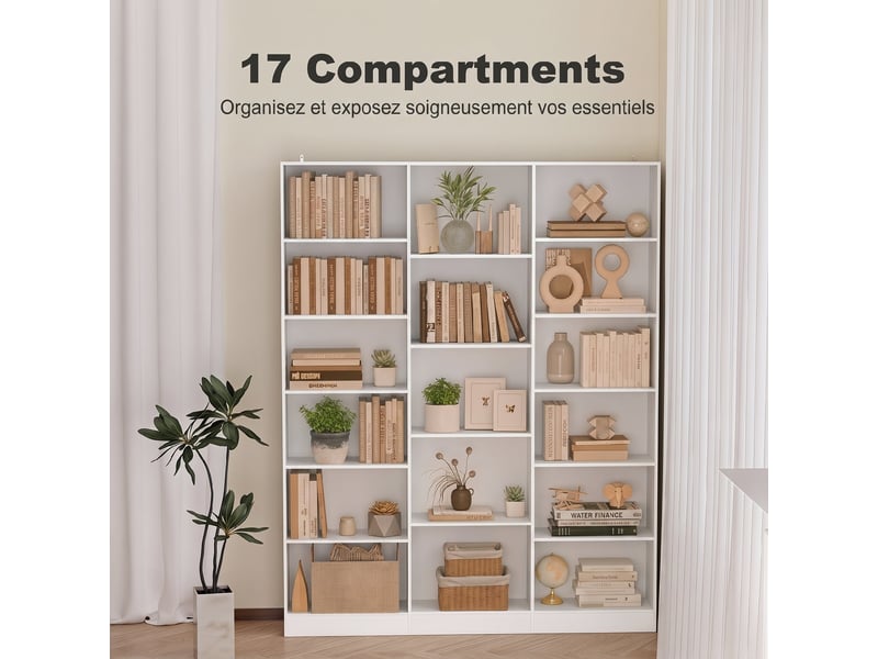  Bibliothèque 6 niveaux 17 compartiments 149 x 23,6 x 188 cm blanc  - Conforama D