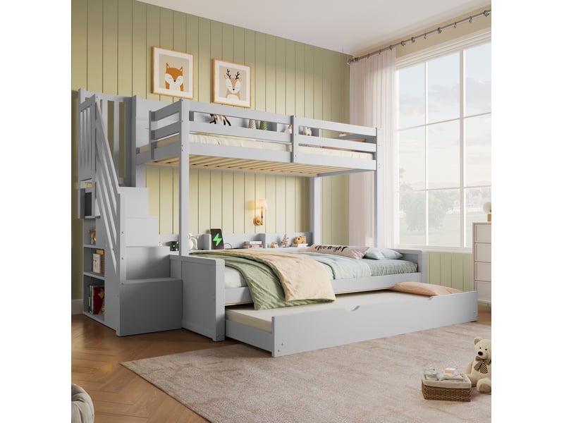  Lit superposé 90x200 et 140x200 cm gris avec lit gigogne, rangements et port usb  - Conforama D