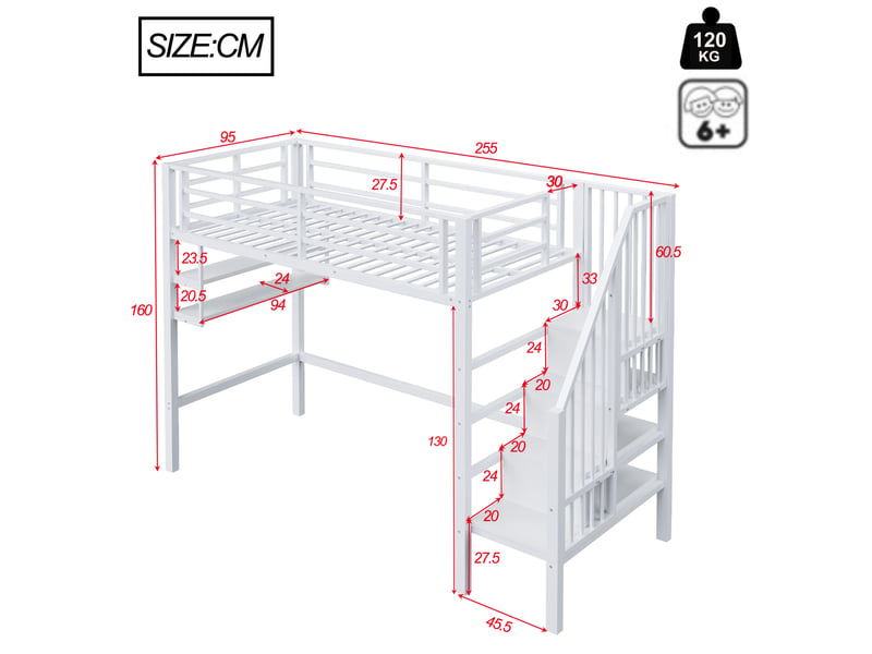  Lit mezzanine enfant 90x200 cm, échelle, rangement, rangements, garde-corps de protection, métal et mdf, blanc sans matelas  - Conforama C