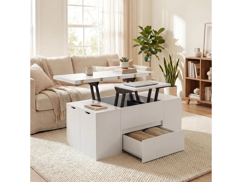  Table basse relevable avec 4 tabourets de rangement, compartiment caché, 1 tiroir, table de café moderne avec plateau relevable, charge 75 kg (blanc)  - Conforama B