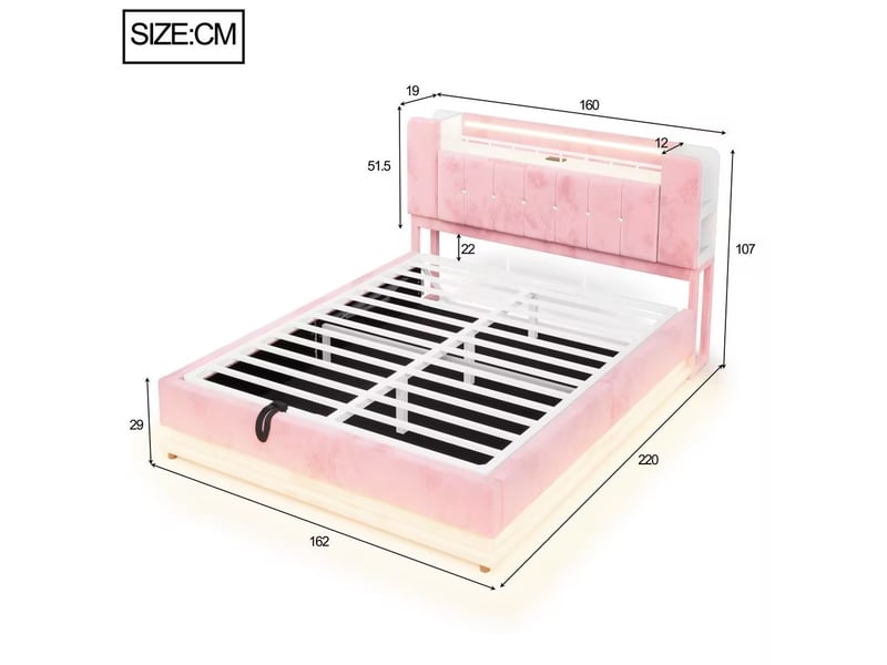  Lit coffre 160 × 200 cm 2 places avec led, usb et rangement hydraulique, sans matelas, en velours rose  - Conforama D