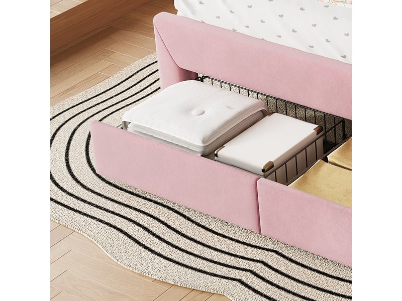  Lit avec rangement 140 × 200 cm, velours, 2 tiroirs au pied, dossier blanc, led par appli, rose, charge 220 kg  - Conforama E