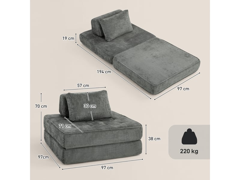  Canapé-lit pliant 2 en 1, chauffeuse 1 place, convertible en chenille, coussin épais, gris, dossier et oreiller  - Conforama C