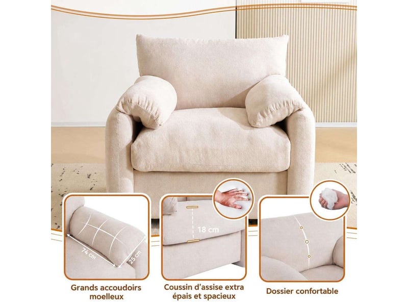 Fauteuil surdimensionné en tissu chenille avec coussin d'assise épais de 18 cm et accoudoirs moelleux, cadre bois et métal, 150 kg - Conforama D