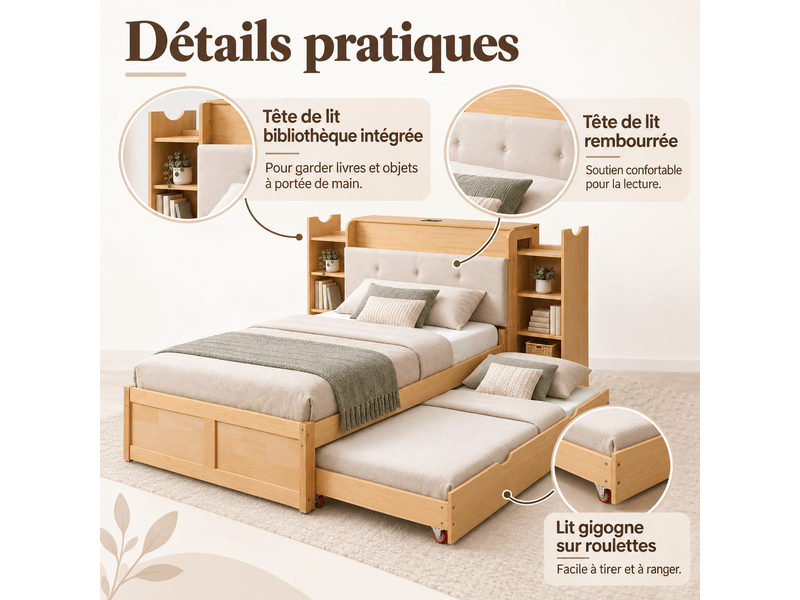 Lit gigogne enfant 90x200 cm extensible en 180x200 cm, tête de lit avec bibliothèque, roulettes, bois massif et mdf bois naturel OMNIGLINT TRADING LTD - Conforama E