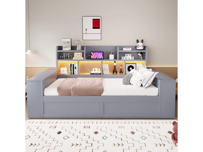 Canapé-lit multifonctionnel 90x200 cm avec rangement hydraulique, led et prises, mdf, couleur gris, sans matelas  - Conforama B
