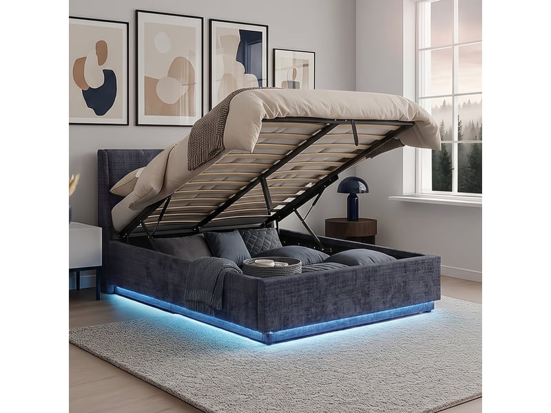  Lit double capitonné tröstiar avec éclairage led 140 x 200 cm bleu [en.casa] Tröstiar - Conforama E