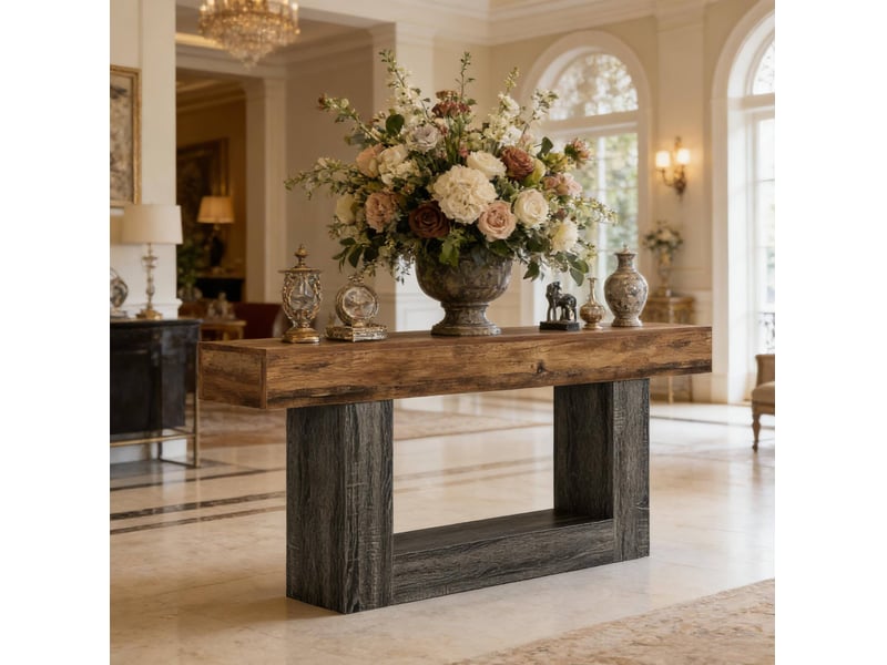  Console avec étagère inférieure et base en u, style campagne, pour salon, en mdf, gris rustique, 160 cm  - Conforama B