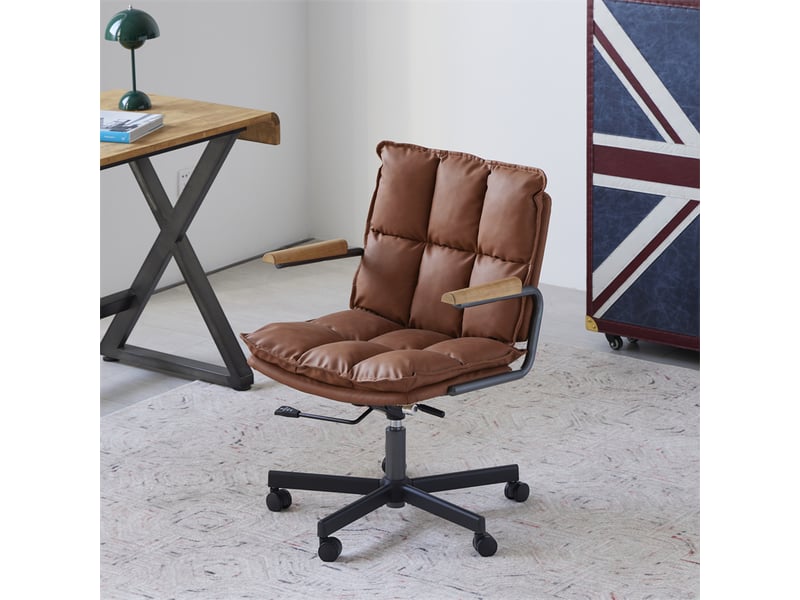  Fauteuil de bureau ergonomique en cuir, accoudoirs en chêne, pivotant, réglable en hauteur, à roulettes  - Conforama B