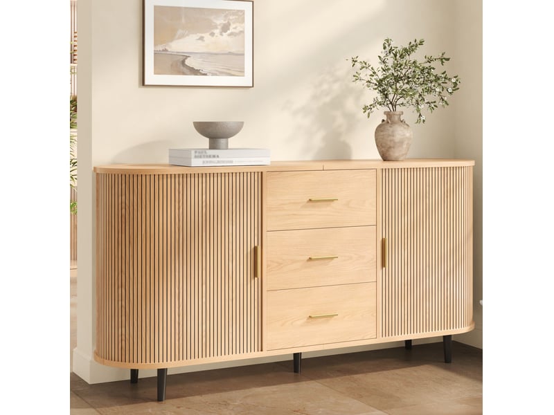  Buffet 160 cm avec 3 tiroirs et portes coulissantes en mdf, coloris naturel  - Conforama C