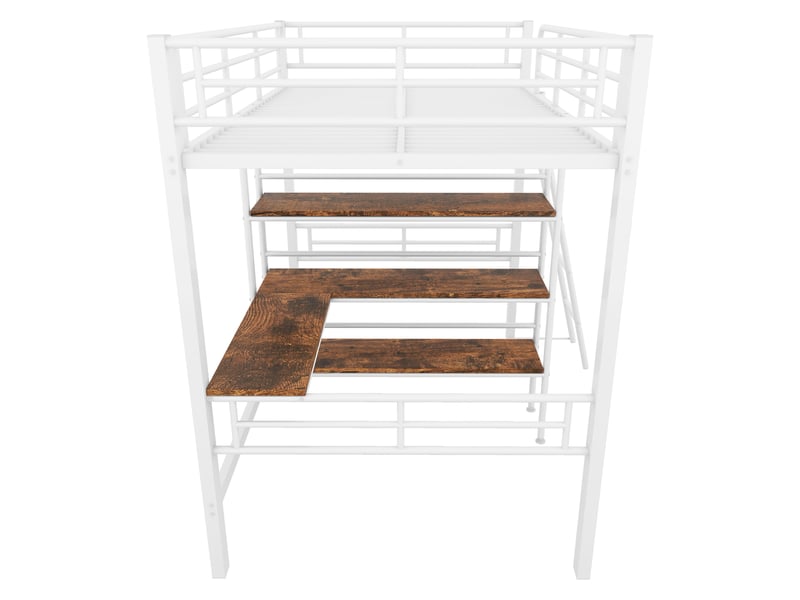 Lit mezzanine 90x200cm, lit enfant avec bureau, étagères de rangement, escalier et sommier, lit métal blanc, sans matelas - Conforama E