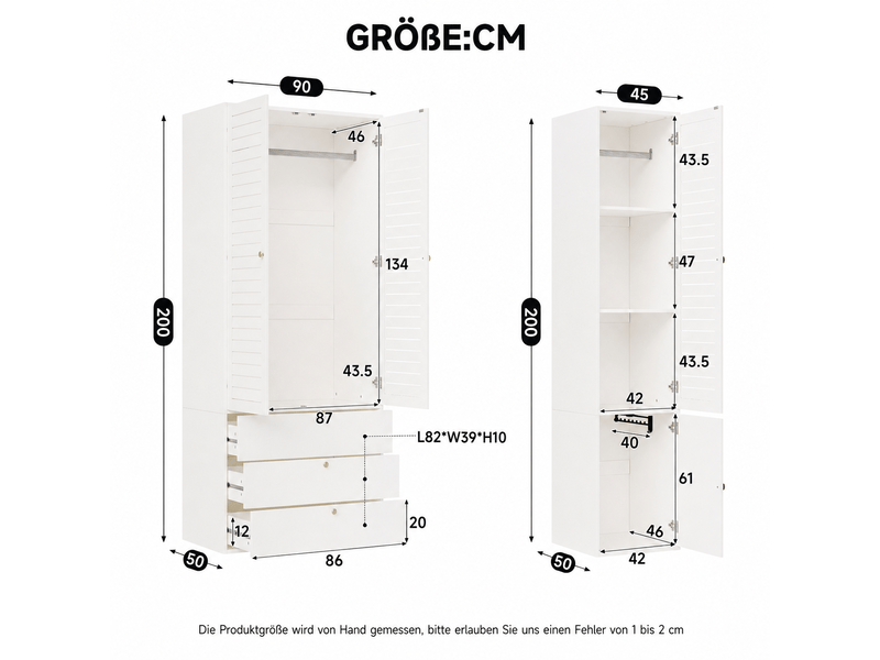  Armoire blanche 3 portes à lamelles 135 x 50 x 200 cm, 1 porte-pantalon, 2 tringles et 3 tiroirs, pour chambre, chambre d’enfant et bureau  - Conforama C