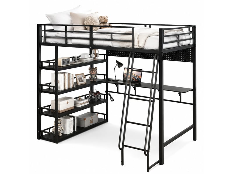  Lit mezzanine noir 140x200 cm avec rangements, bureau et prise de charge  - Conforama A