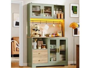 Buffet de cuisine haut 178 cm avec led, prises et portes en verre trempé, vert antique cravdom