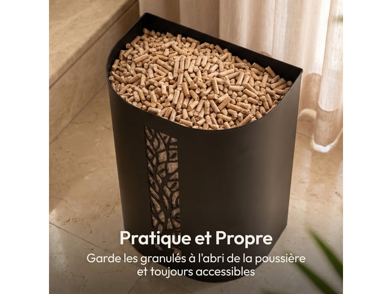  Casabel réservoir pellets &amp; granulés avec roulettes, cap. 45kg, métal noir, couvercle bambou, pour poêle à granulés  - Conforama D