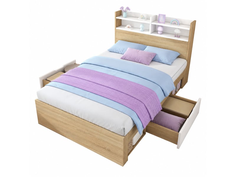 Lit enfant 90x200 cm – blanc et chêne – rangement latéral, tête de lit à 4 niches – sans matelas - Conforama A