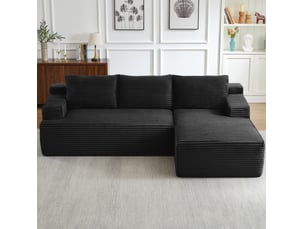 Canapé d'angle compressé en l 238x152x66 cm modulable 3 places, mousse et velours côtelé couleur noir, moderne