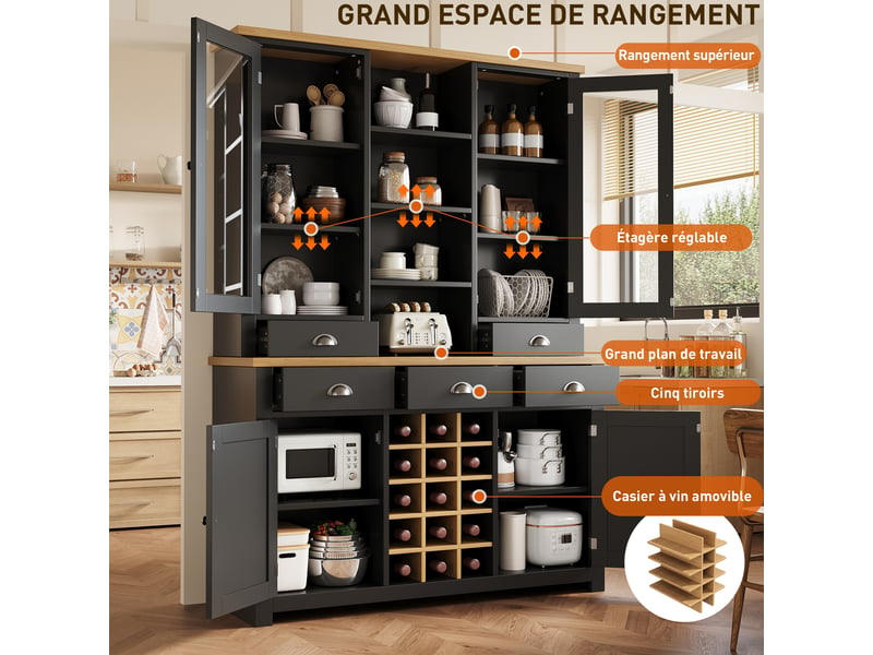  Buffet de cuisine haut 120 x 40 x 185 cm, porte vitrée, 5 tiroirs, étagère réglable, casier à vin amovible, anti-basculement, noir  - Conforama D