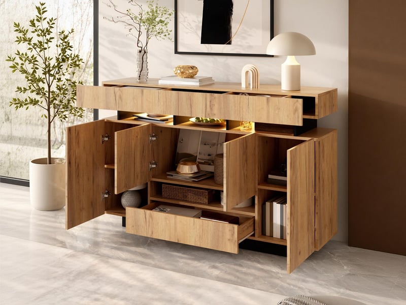  Commode 3 tiroirs et 4 portes, avec éclairage, compartiments ouverts, pour chambre, 140 x 35 x 90 cm, finition bois naturel et noir  - Conforama B