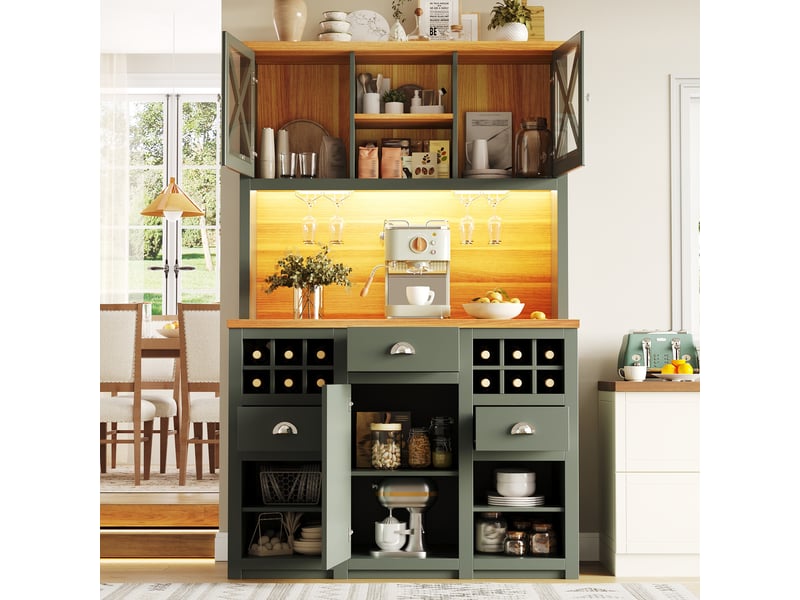  Armoire de cuisine haute 120cm buffet de cuisine vert avec portes en verre et éclairage led  - Conforama R