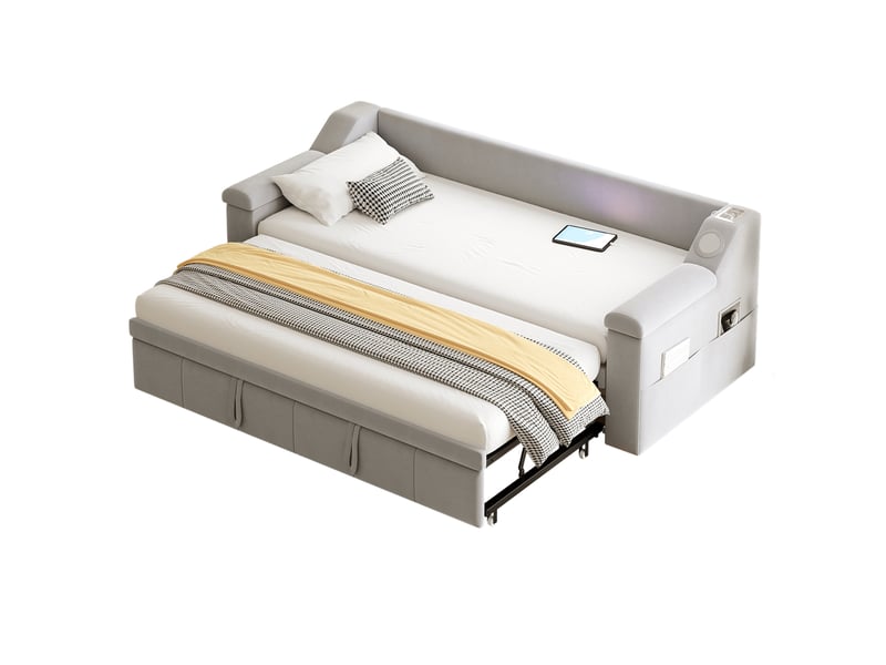 Lit banquette extensible 90180x190 cm avec bluetooth, usb, rangements et velours gris clair - Conforama A