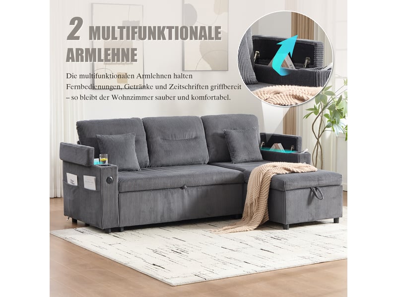  Canapé 3 places, canapé de salon – en velours tricoté, avec méridienne, avec rangement, porte-gobelets, port usb  - Conforama E